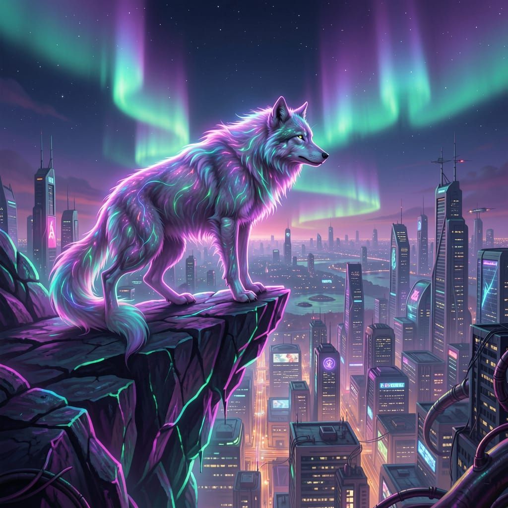 Cosmic Wolf on Neon Cliff